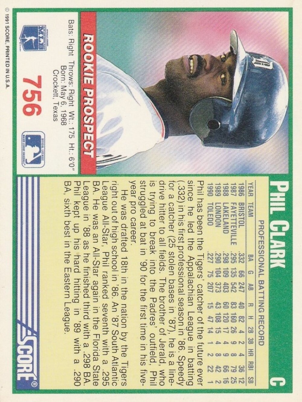 Phil Clark - Score 91 Rookie Prospect Baseball Card - Picture 2 of 2